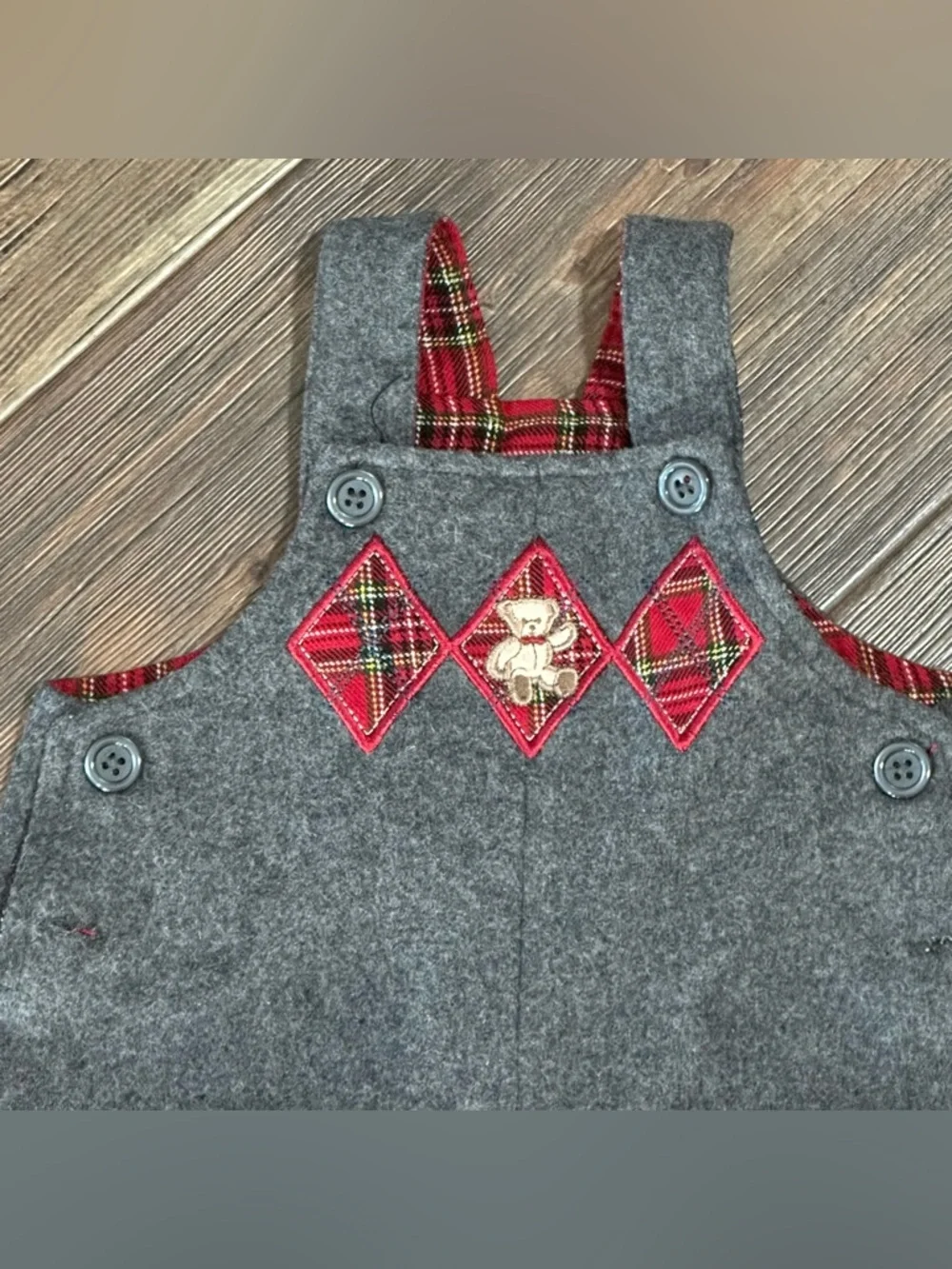 Children’s Place wool blend gray overalls with red plaid argyle Teddy Bear 0-3 m